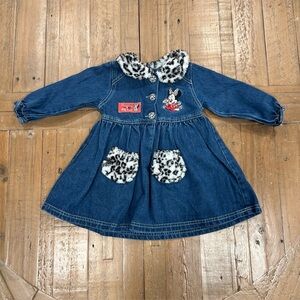 Vintage Disney Minnie Mouse Denim Dress 18 Months Leopard Faux Fur Jean 90s